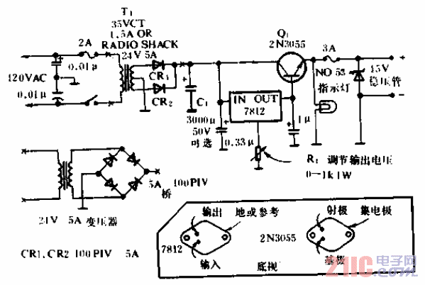 輸出電流3A、電壓12至14V可調(diào)電源電路.gif
