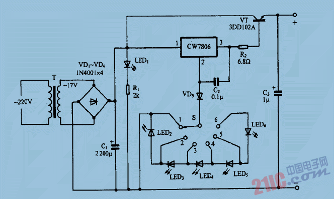 巧用CW7806作可調(diào)大電流穩(wěn)壓電源電路圖
