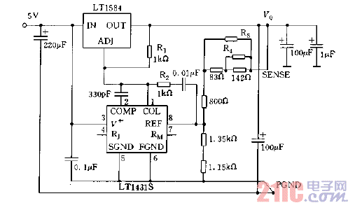 采用LT1584和LT1431構(gòu)成的微處理機(jī)電源電路圖.gif