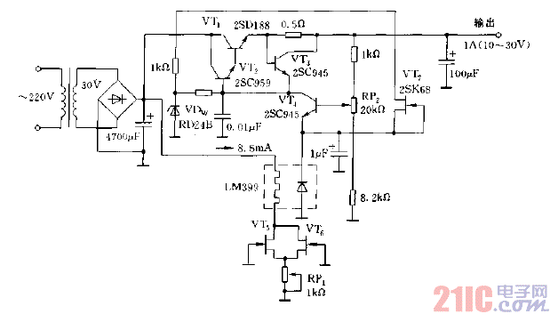 采用低溫漂穩(wěn)壓管的穩(wěn)壓電源電路圖.gif