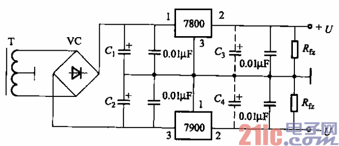 52.三端固定集成穩(wěn)定器雙極性穩(wěn)壓電源電路a.gif