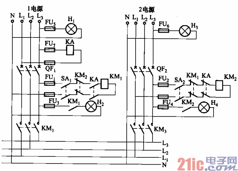 129.雙路電源用接觸器自投自復(fù)電路.gif