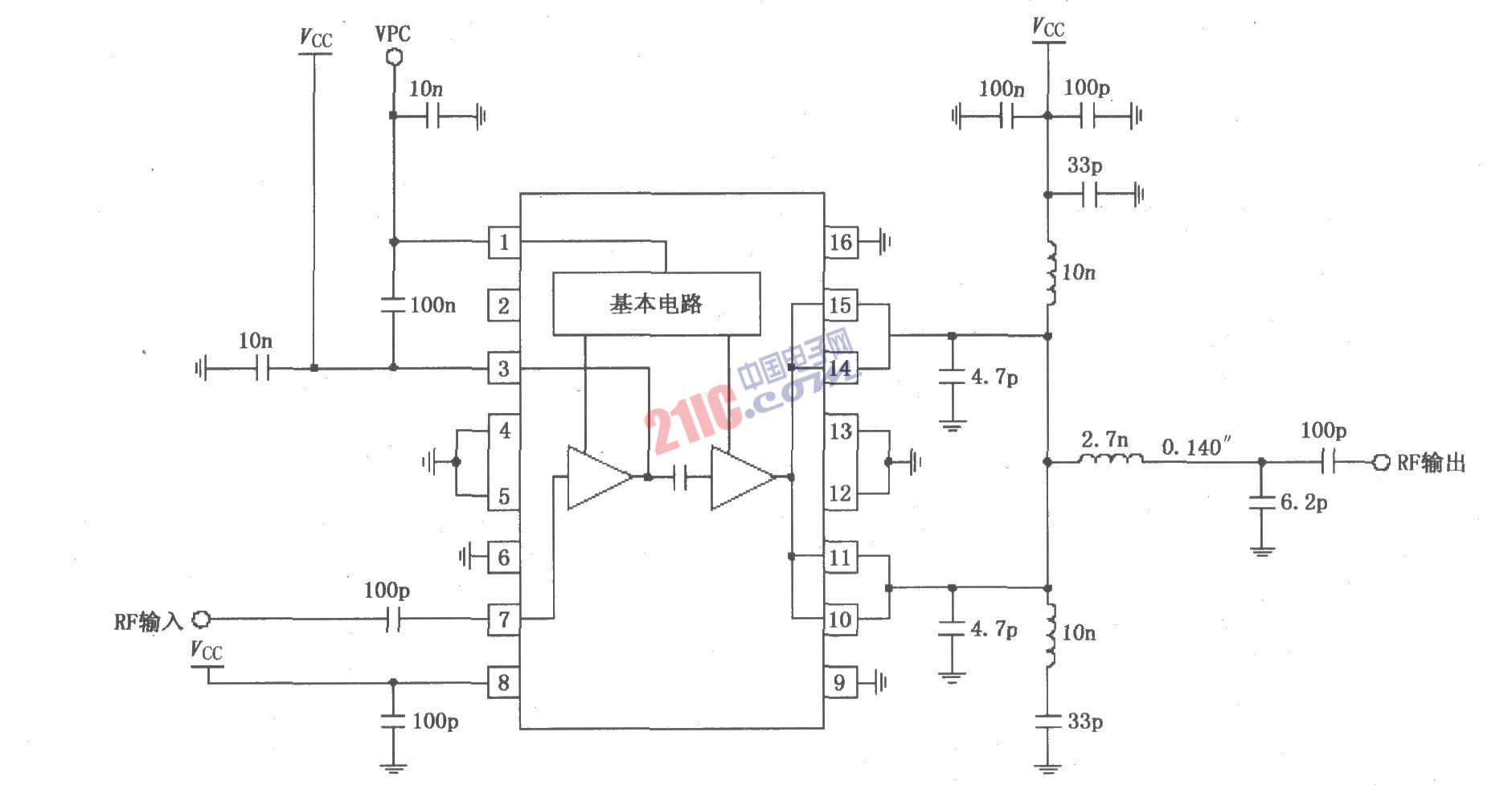 RF2131在4.0～4.8V電源供電時(shí)獲得最佳功率和效率放大器電路圖