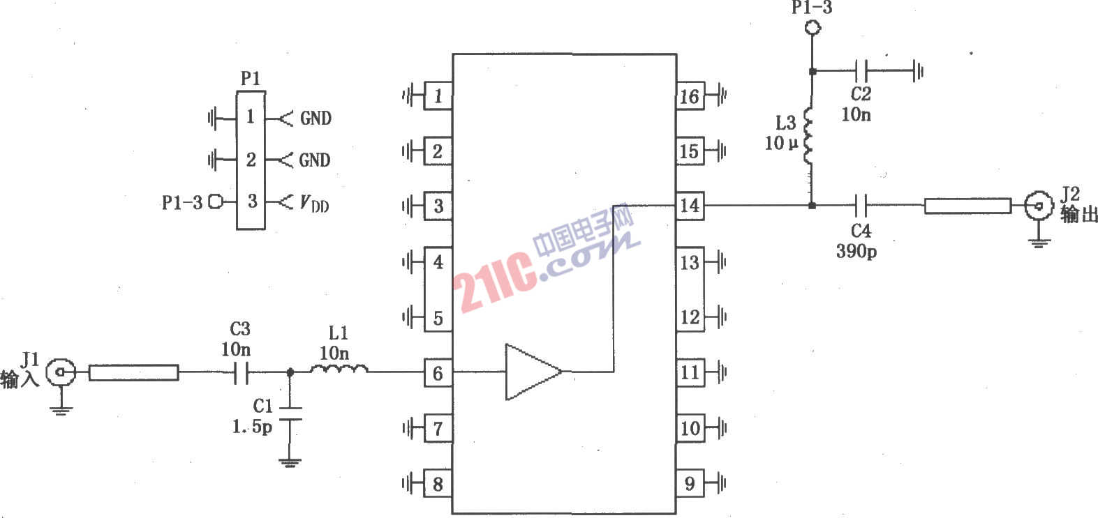 RF2360構(gòu)成的50～2000MHz、75Ω阻抗高頻放大電路圖