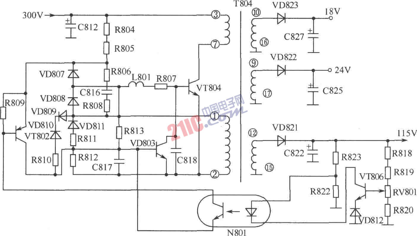彩電開關(guān)穩(wěn)壓電源中的部分電路圖