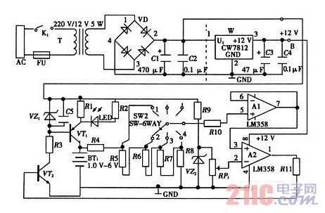 簡(jiǎn)易電池自動(dòng)恒流充電電路的總電路圖.jpg
