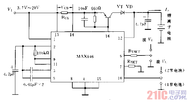 采用MAX846構(gòu)成的鋰電池充電電路圖.gif