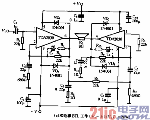 61.TDA2030的應用電路-雙電源BTL工作.gif