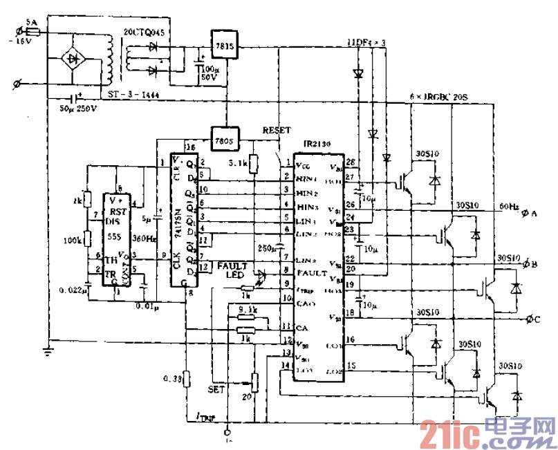 22.IR2130在三相固定頻率輸出的電源系統(tǒng)中應(yīng)用接線圖.gif