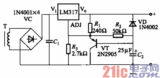 61.由LM317構(gòu)成的延遲開啟的穩(wěn)壓電源電路.gif