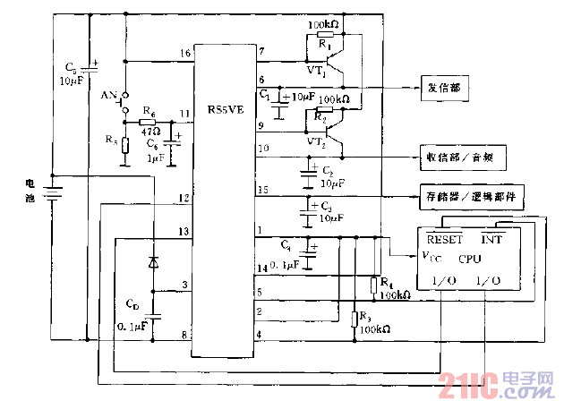 采用RS5VE構(gòu)成的便攜式電話機的多功能電源電路圖.gif