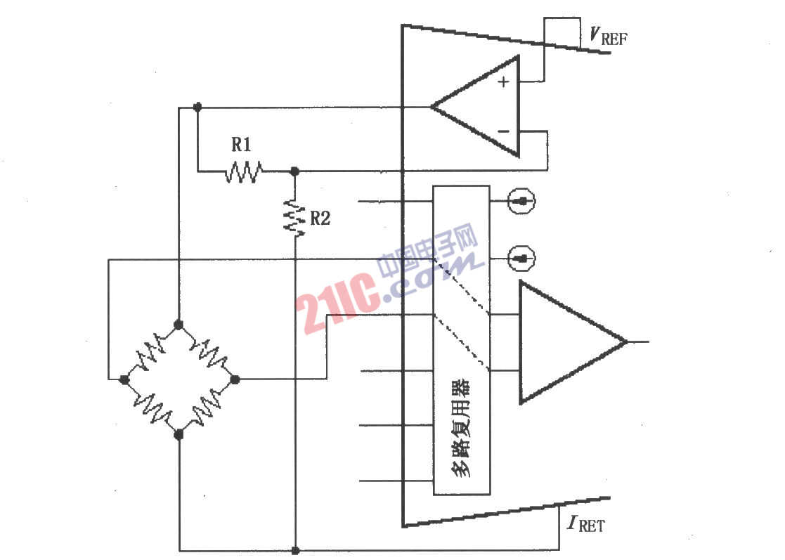 XTR108由VREF驅(qū)動(dòng)激勵(lì)的電橋電路圖