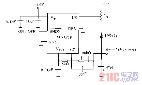 MAX759構(gòu)成LCD的-24V供電電源電路圖.gif