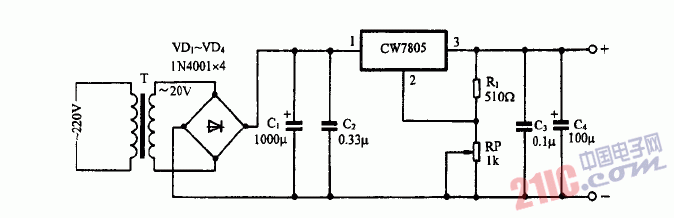 巧用CW7805作5-15V可調(diào)電源電路圖