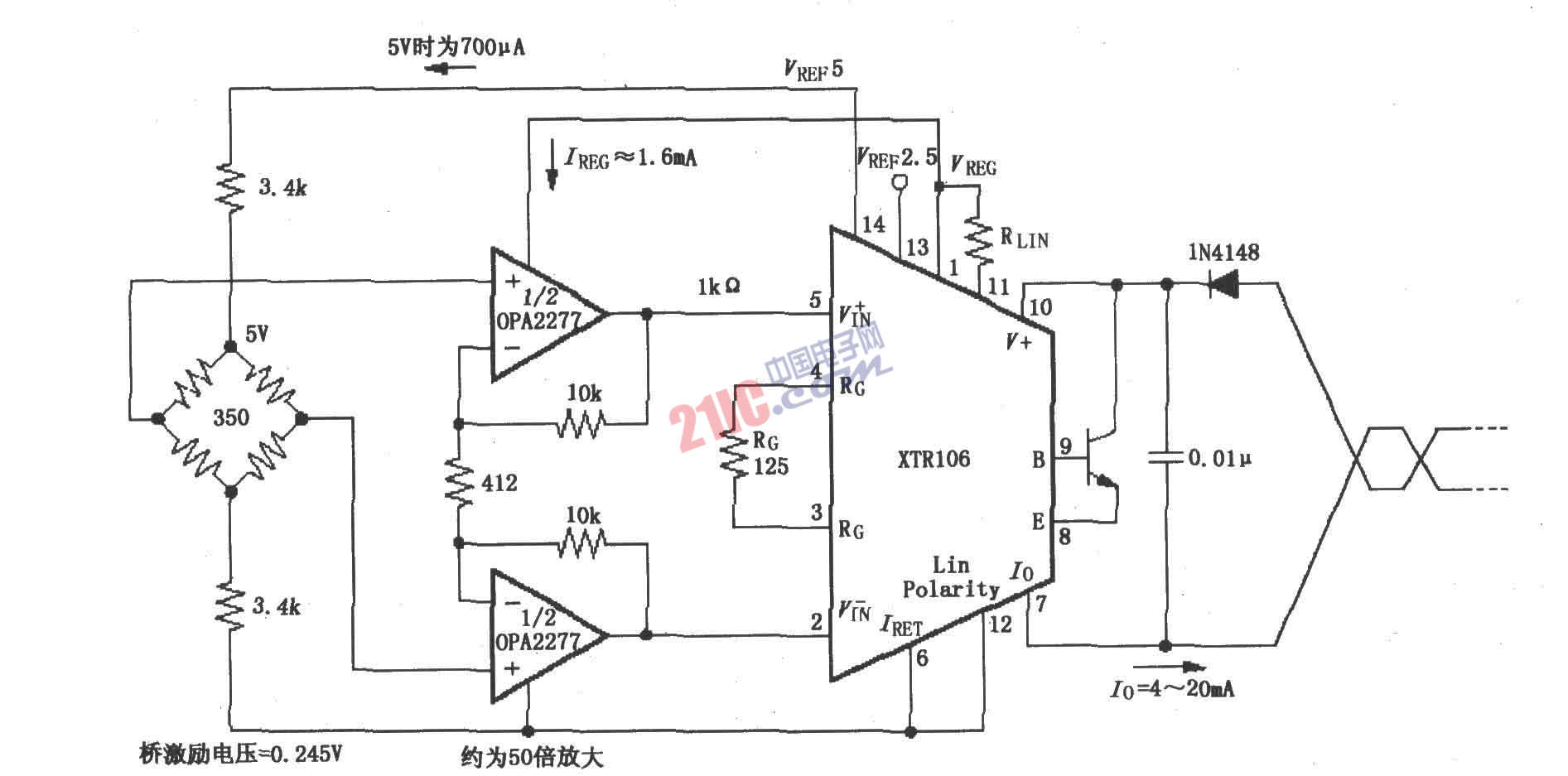 具有50倍預(yù)放大的電橋電路圖(XTR106)