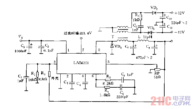采用LAS6351構(gòu)成多路輸出開關(guān)穩(wěn)壓電源電路圖.gif