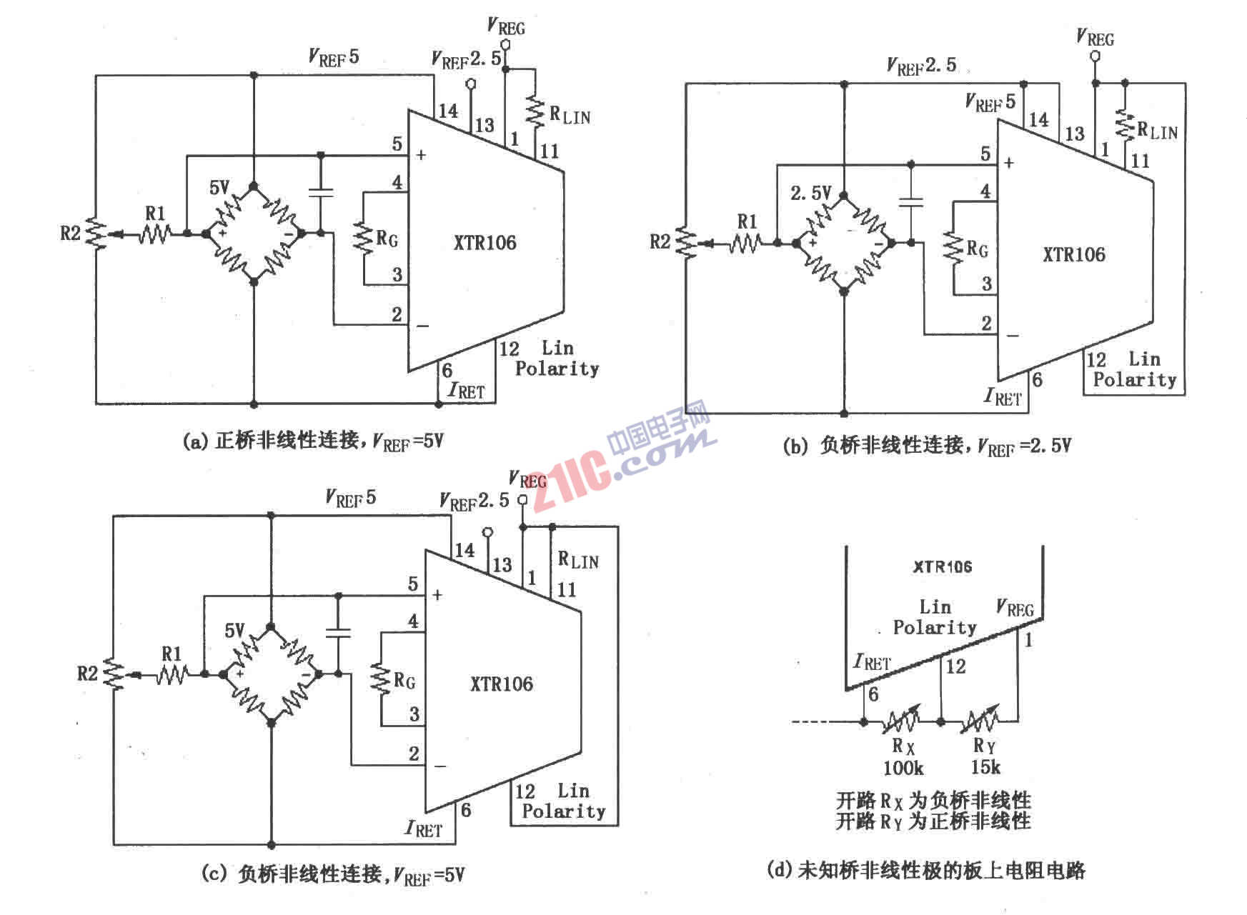 XTR106校正正(或負(fù))電橋非線性的連接電路圖