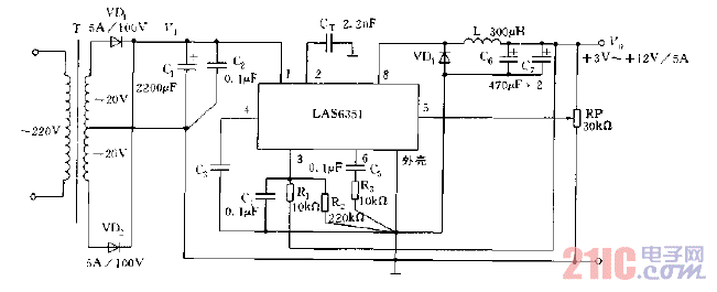 采用LAS6351構成的可調開關穩(wěn)壓電源電路圖.gif