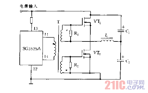 采用SG3525A雙端輸出驅(qū)動(dòng)MOS功率管的電路圖.gif