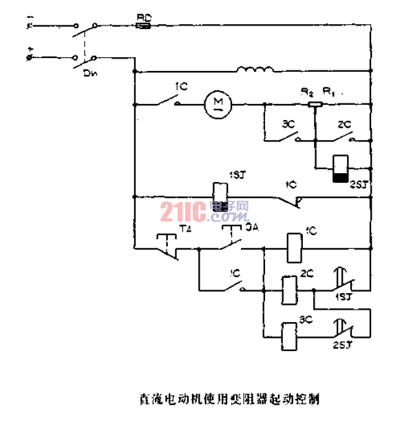 直流電動機使用變阻器起動控制電路圖.gif