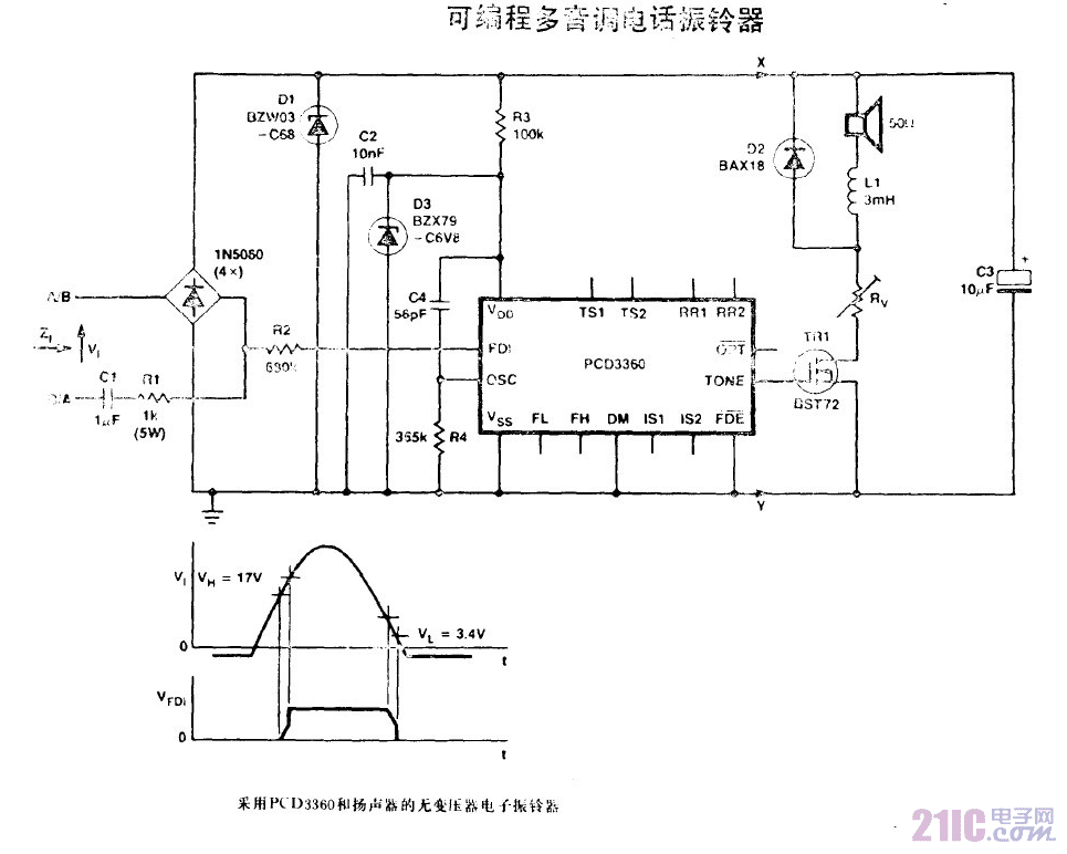 可編程多音調(diào)電話振鈴器電路圖.gif