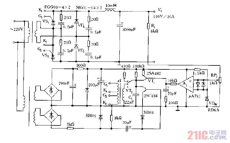 采用晶閘管構(gòu)成的輸出100V，30A的穩(wěn)壓電源電路圖.gif