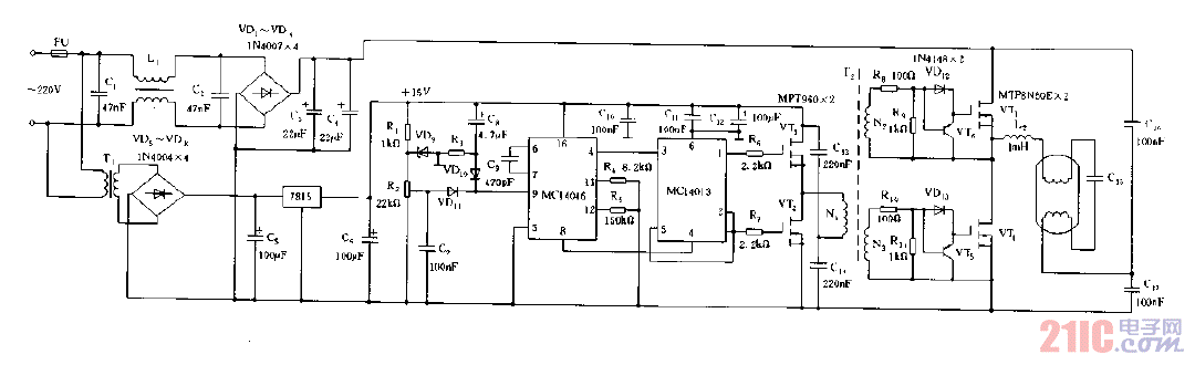 可調(diào)光電子鎮(zhèn)流器電路圖.gif