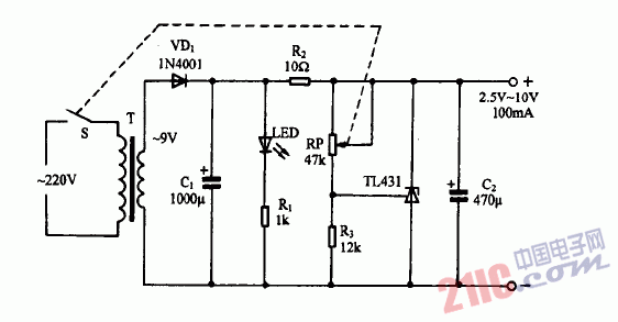 巧用TL431作簡易可調(diào)穩(wěn)壓電源電路圖