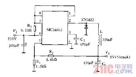采用MC34063系列構(gòu)成的降壓型穩(wěn)壓電路圖.gif