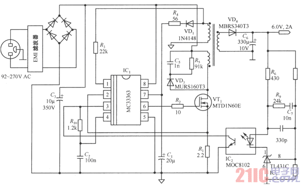 MC33363構(gòu)成的6V／2A隔離式電源電路圖.gif