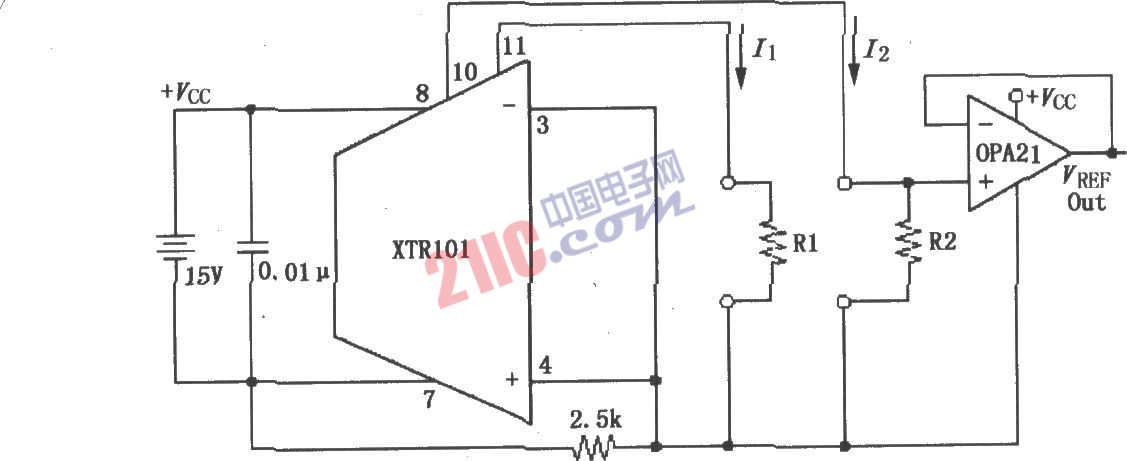 由單電源供電的精密雙電流源電路圖(XTR101)