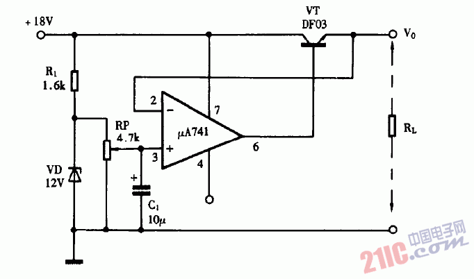 巧用UA741作串聯(lián)穩(wěn)壓電源電路圖