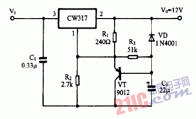 巧用CW317作慢啟動穩(wěn)壓電源電路圖