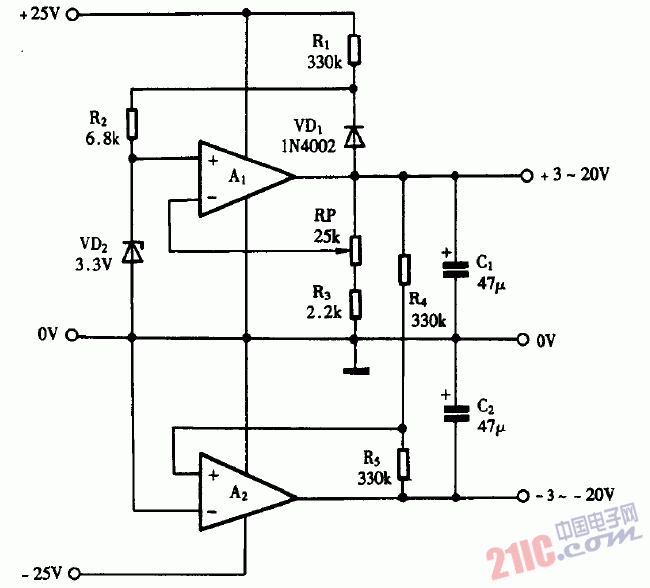 巧用LM324作對(duì)稱可調(diào)電源電路圖