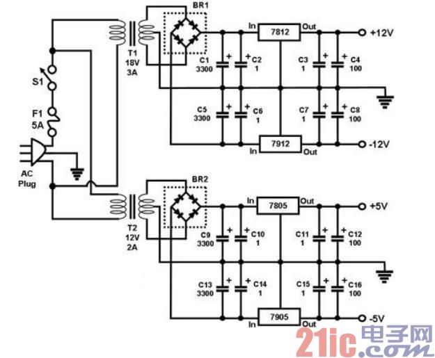 三端穩(wěn)壓器的多路輸出直流穩(wěn)壓電源電路圖.jpg