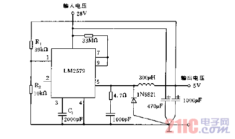 采用LM2579構成的降壓穩(wěn)壓器電路圖.gif