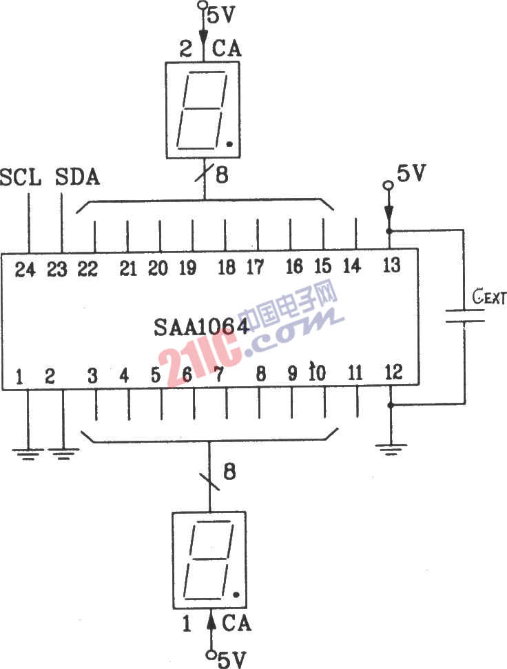 SAA1064串行I2C總線LED顯示驅動集成電路靜態(tài)驅動接口電路圖