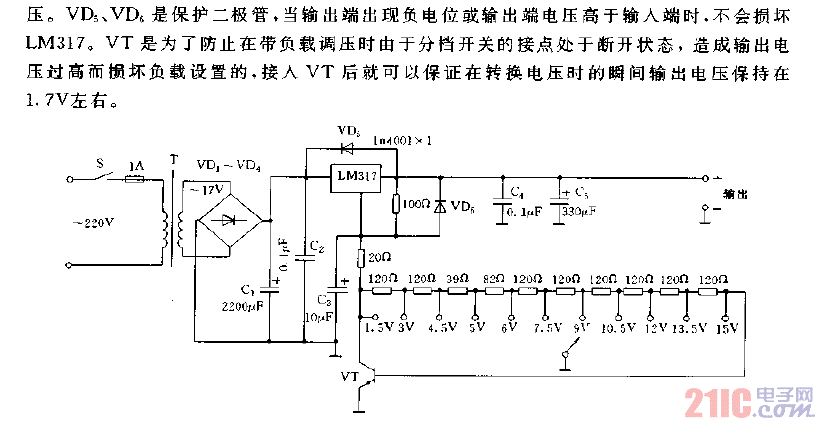 采用LM317構(gòu)成的實(shí)用穩(wěn)壓電源電路圖.gif