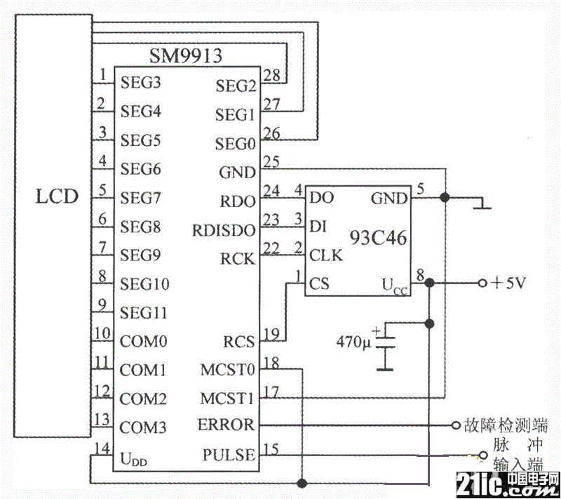 電能表LCD控制驅(qū)動集成電路SM9913的典型應(yīng)用電路圖