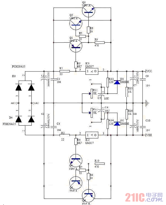 LM317、LM337正負穩(wěn)壓擴流電源電路圖.gif