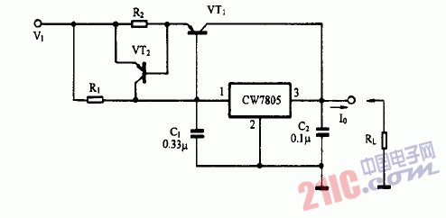 巧用CW7805作過流保護輸出穩(wěn)壓電源電路圖