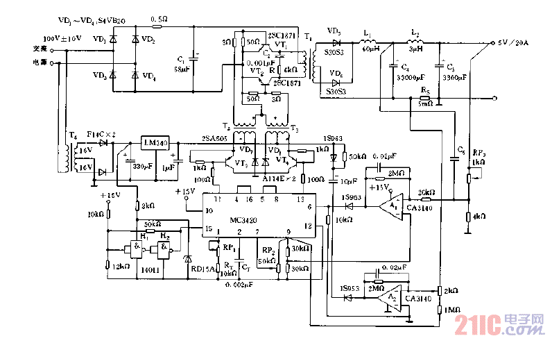 采用MC3420構(gòu)成的輸出5V，20A的開(kāi)關(guān)電源電路圖.gif