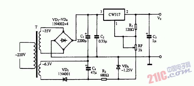 巧用CW317作0-30V可調(diào)穩(wěn)壓電源電路圖