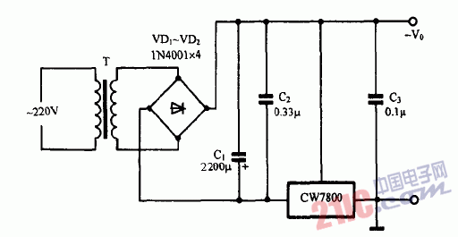 巧用CW7800作負(fù)電壓輸出器電路圖