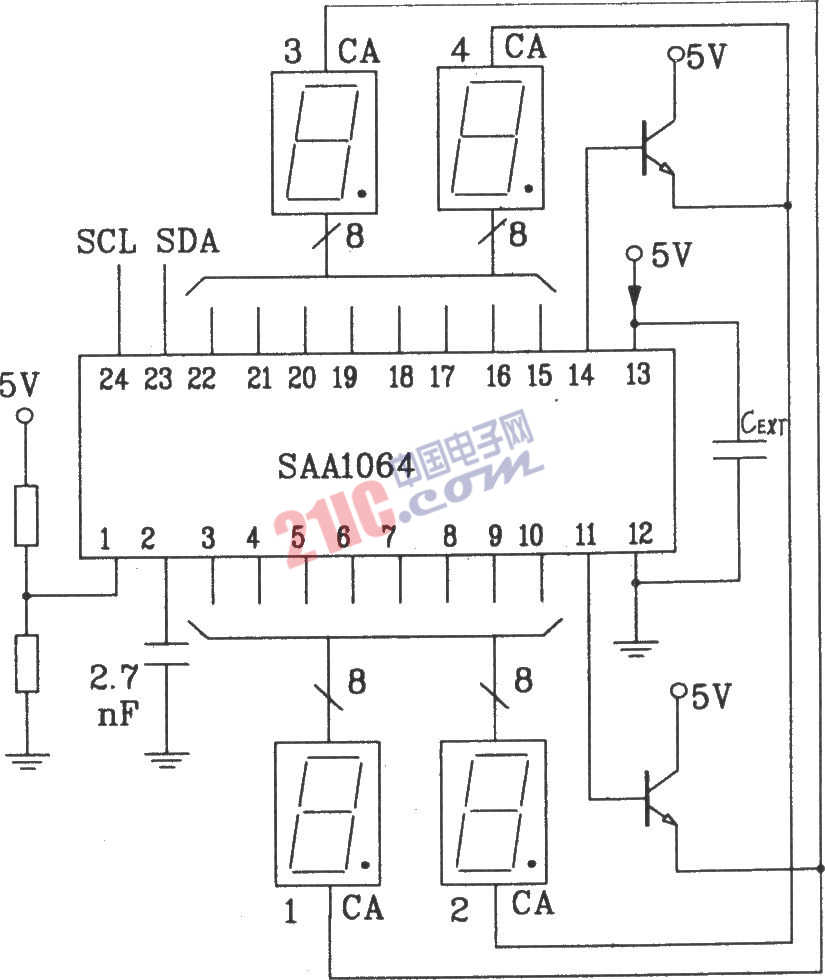 SAA1064串行I2C總線LED顯示驅(qū)動集成電路動態(tài)驅(qū)動接口電路圖