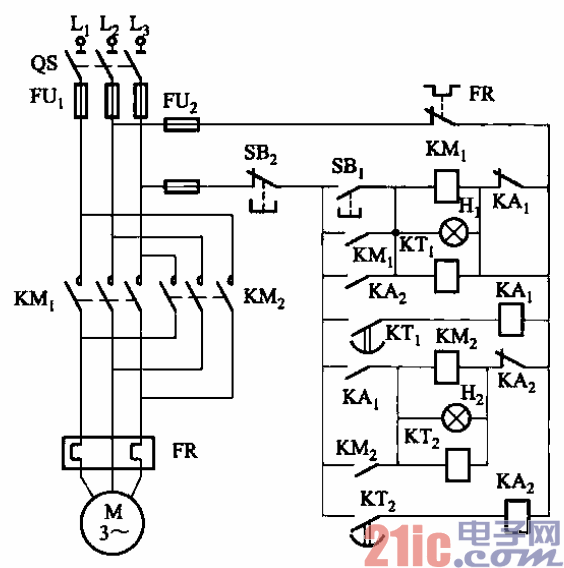 67.時(shí)間繼電器控制電動(dòng)機(jī)定時(shí)正反轉(zhuǎn)電路之一.gif