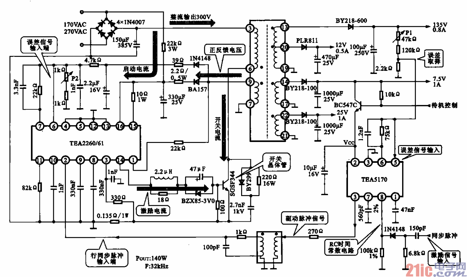 51.采用TEA2260-61和TEA5170組合的開關電源電路.gif