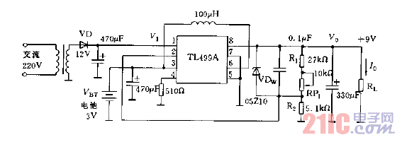 采用TL499A構(gòu)成的電池后備電源電路圖.gif