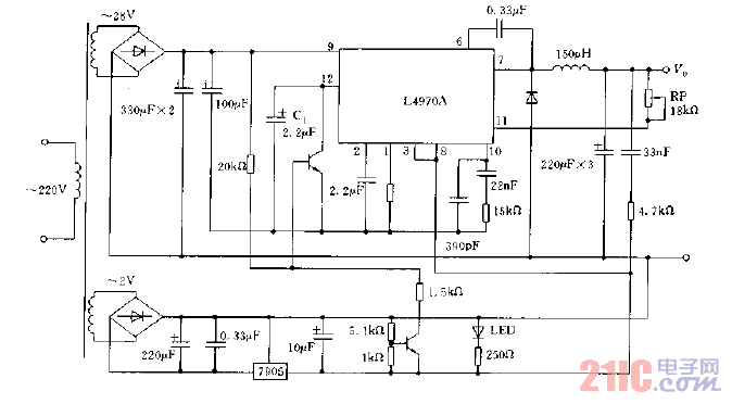 采用L4970A構(gòu)成的可調(diào)開關(guān)電源電路圖.gif