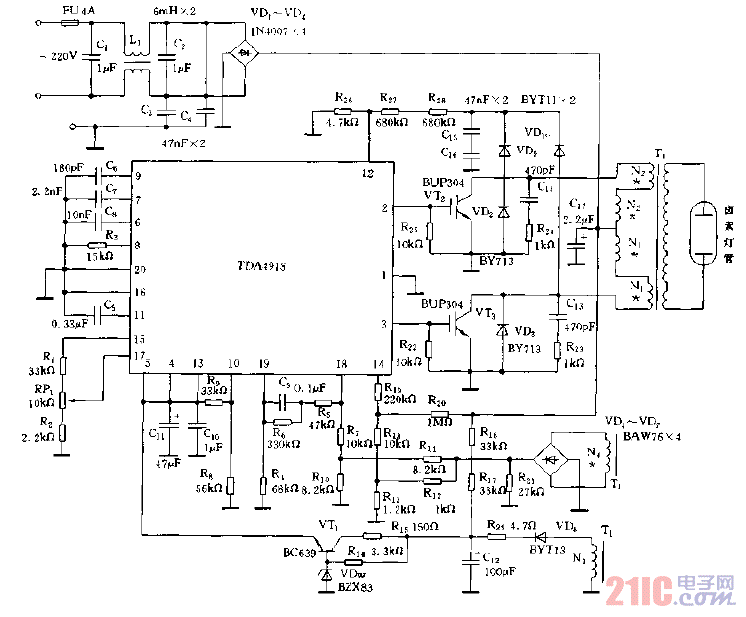 采用TDA4918驅(qū)動鹵素?zé)舻碾娮渔?zhèn)流器電路.gif
